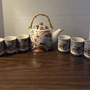 Porcelain Tea Set with Bamboo Handle
